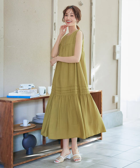 【小倉優子さん着用・洗える・XSサイズ】麻調ピンタックロングワンピース