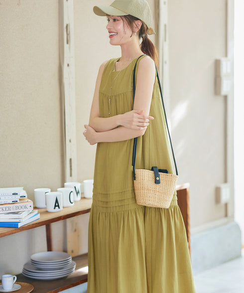 【小倉優子さん着用・洗える・XSサイズ】麻調ピンタックロングワンピース