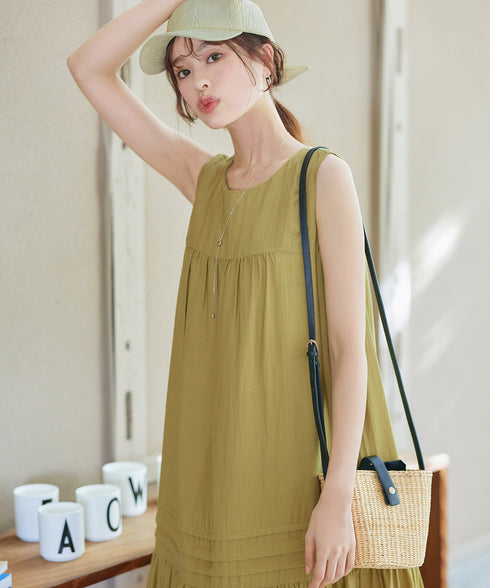 【洗える】麻調ピンタックロングワンピース