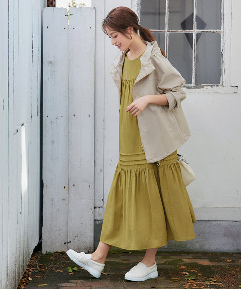 【洗える】麻調ピンタックロングワンピース