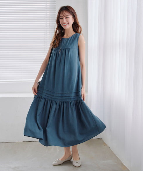 【小倉優子さん着用・洗える・XSサイズ】麻調ピンタックロングワンピース