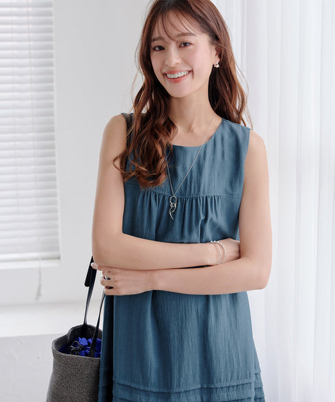 【洗える】麻調ピンタックロングワンピース