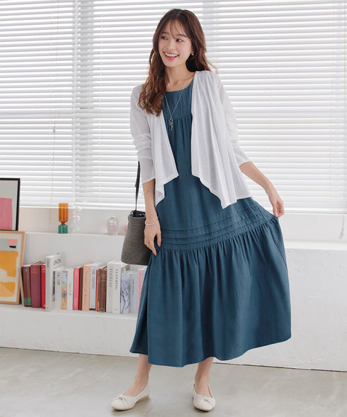 【小倉優子さん着用・洗える・XSサイズ】麻調ピンタックロングワンピース