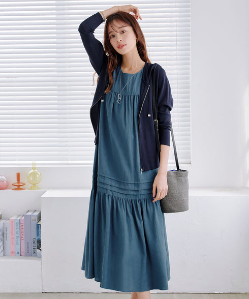 【小倉優子さん着用・洗える・XSサイズ】麻調ピンタックロングワンピース