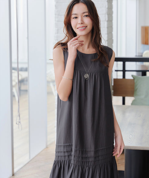 【小倉優子さん着用・洗える・XSサイズ】麻調ピンタックロングワンピース