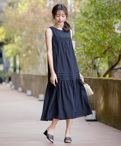 【小倉優子さん着用・洗える・XSサイズ】麻調ピンタックロングワンピース