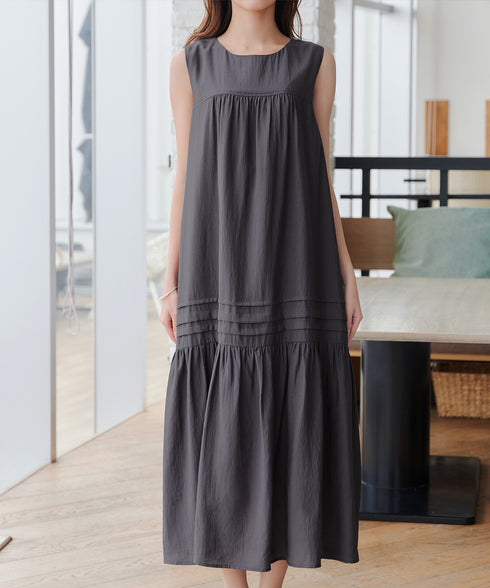 【洗える】麻調ピンタックロングワンピース