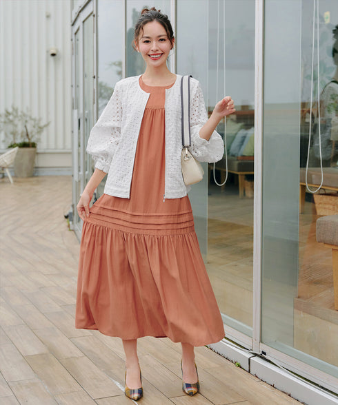 【洗える】麻調ピンタックロングワンピース