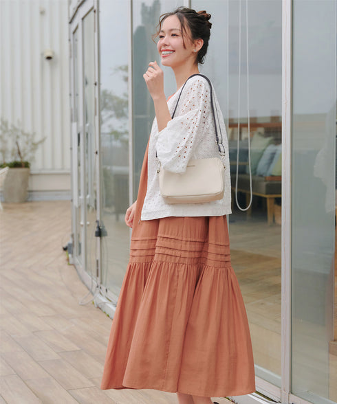 【小倉優子さん着用・洗える・XSサイズ】麻調ピンタックロングワンピース