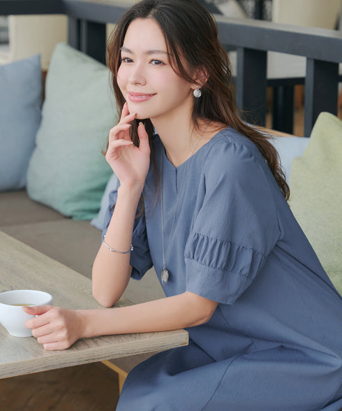 【新色追加】 ギャザーランタンスリーブワンピース