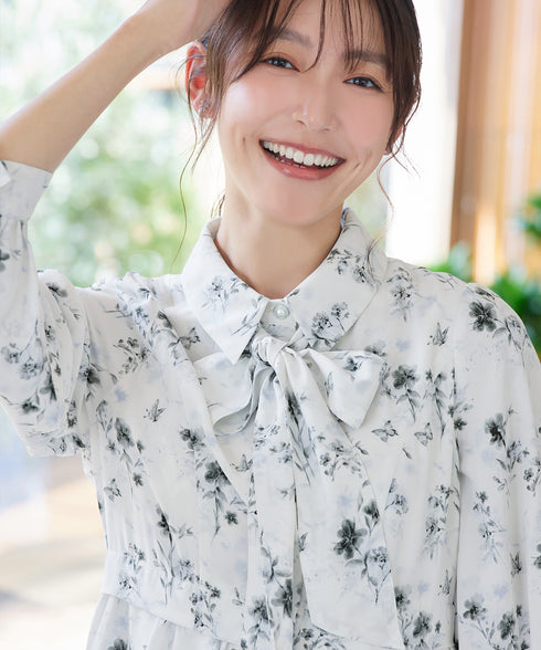 【安めぐみさん着用・2way】花柄リボンタイシャツワンピース