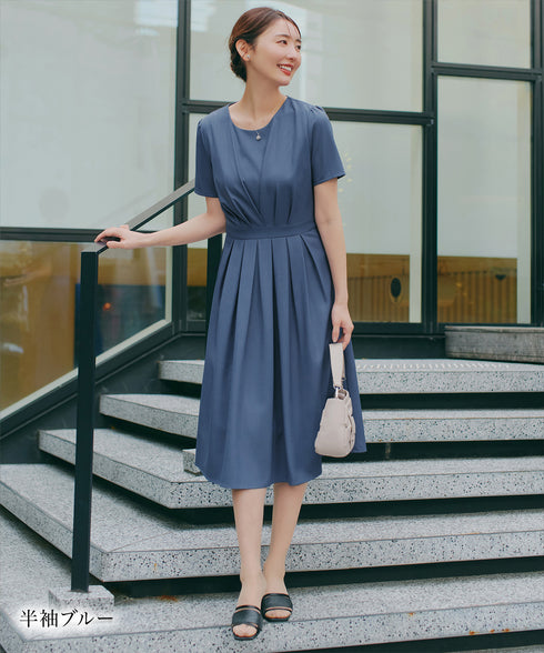 【おのののかさん着用/半袖&長袖選べる袖丈】タックフレアワンピース