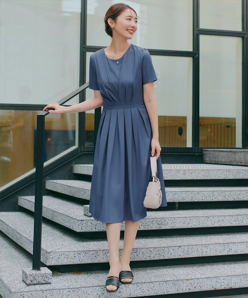 【おのののかさん着用/半袖&長袖選べる袖丈】タックフレアワンピース