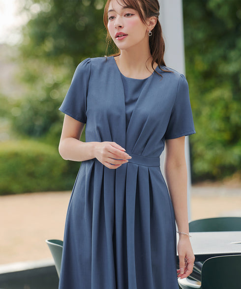 【おのののかさん着用/半袖&長袖選べる袖丈】タックフレアワンピース