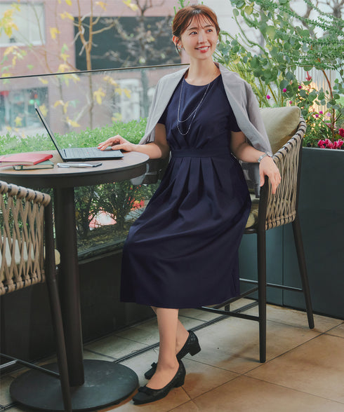 【おのののかさん着用/半袖&長袖選べる袖丈】タックフレアワンピース