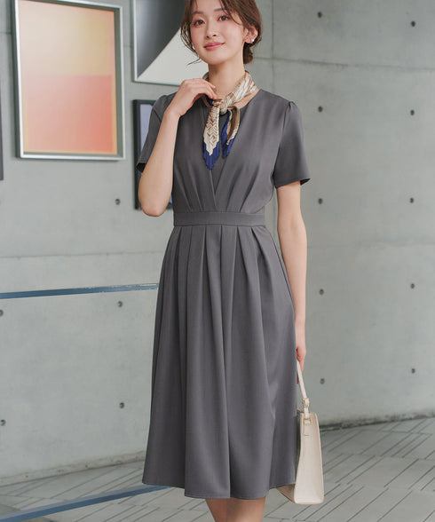 【おのののかさん着用/半袖&長袖選べる袖丈】タックフレアワンピース