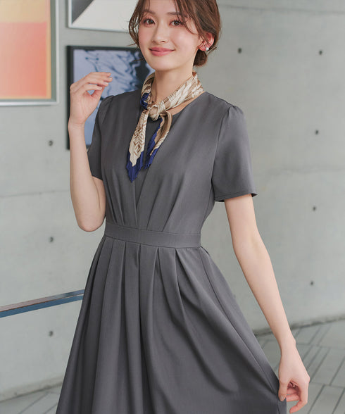 【おのののかさん着用/半袖&長袖選べる袖丈】タックフレアワンピース