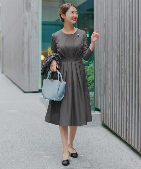 【おのののかさん着用/半袖&長袖選べる袖丈】タックフレアワンピース