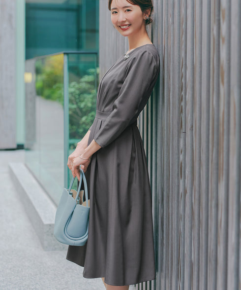 【おのののかさん着用/半袖&長袖選べる袖丈】タックフレアワンピース