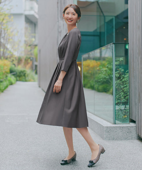 【おのののかさん着用/半袖&長袖選べる袖丈】タックフレアワンピース