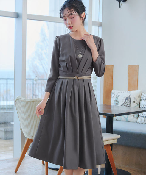 【おのののかさん着用/半袖&長袖選べる袖丈】タックフレアワンピース