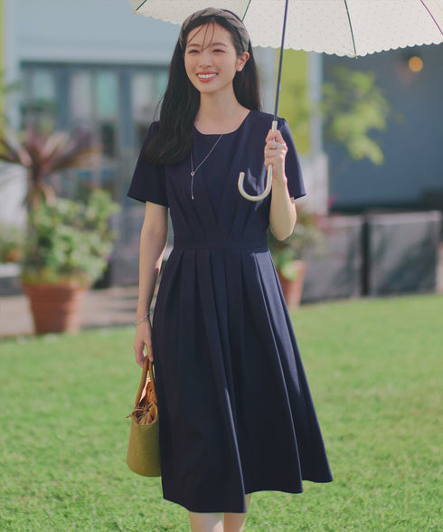 【おのののかさん着用/半袖&長袖選べる袖丈】タックフレアワンピース