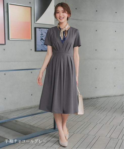 【おのののかさん着用/半袖&長袖選べる袖丈】タックフレアワンピース