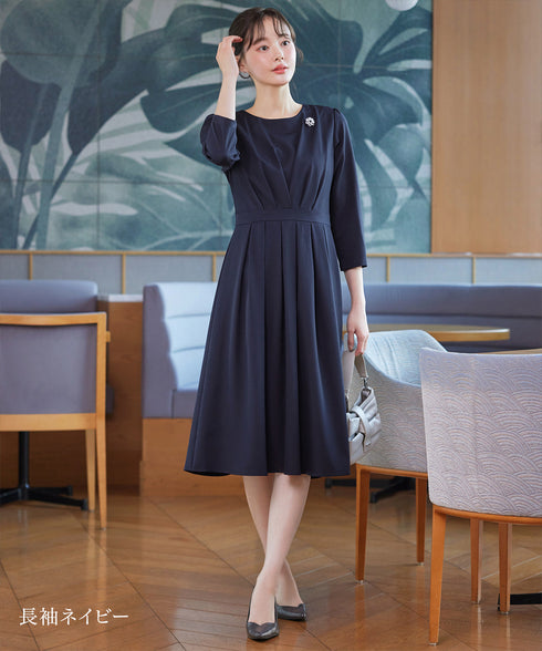 【おのののかさん着用/半袖&長袖選べる袖丈】タックフレアワンピース