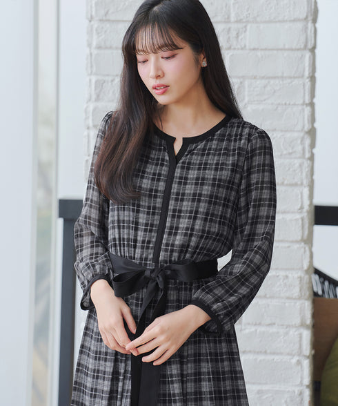 シアーチェック配色ワンピース