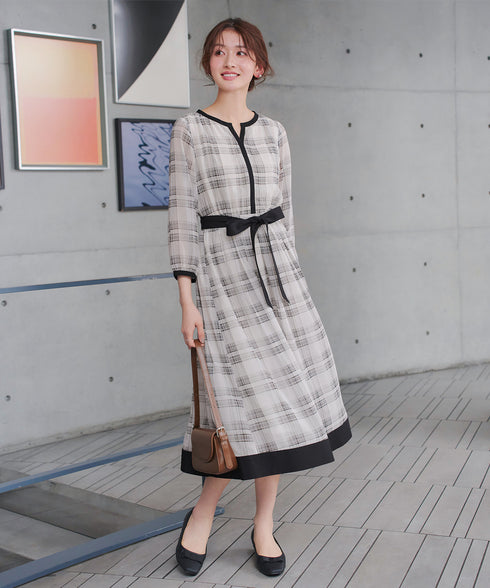 シアーチェック配色ワンピース