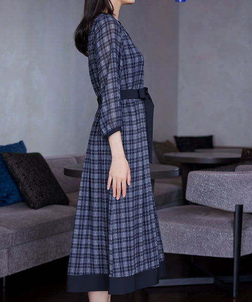 シアーチェック配色ワンピース