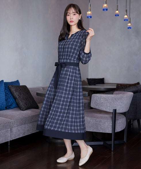 シアーチェック配色ワンピース