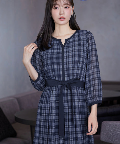 シアーチェック配色ワンピース