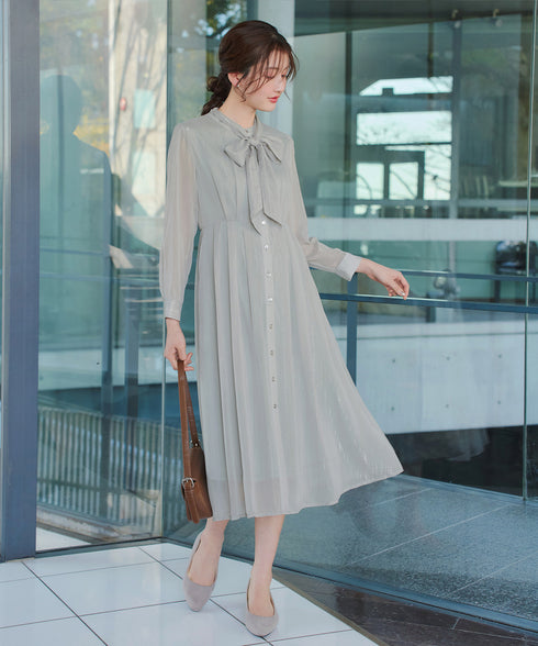 【2WAY取り外しリボン付き】リボンタイラメシフォンワンピース