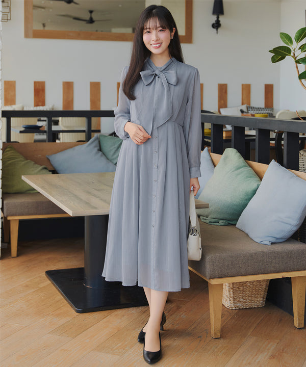 【2WAY取り外しリボン付き】リボンタイラメシフォンワンピース