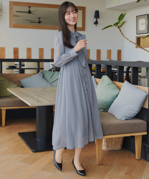【2WAY取り外しリボン付き】リボンタイラメシフォンワンピース
