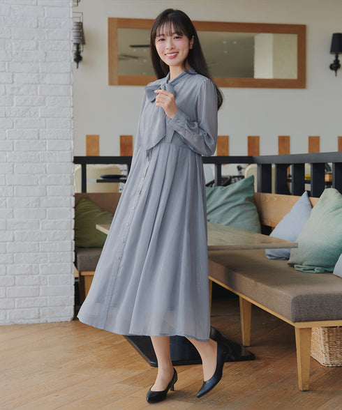 【2WAY取り外しリボン付き】リボンタイラメシフォンワンピース