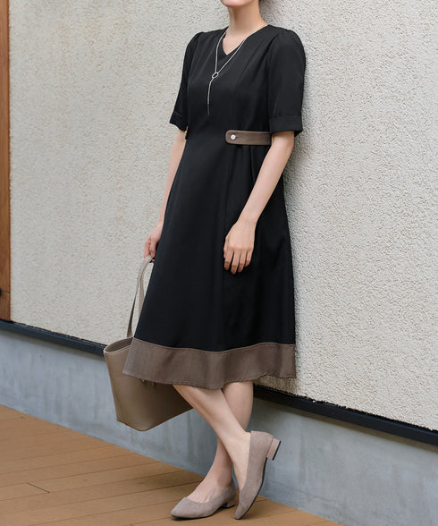 配色サイドボタンベルトワンピース