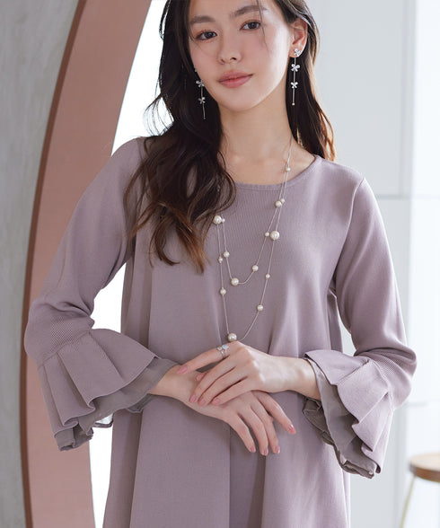 シフォンフレア袖スポンジニットワンピース
