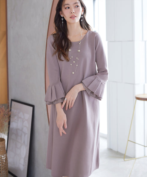 シフォンフレア袖スポンジニットワンピース