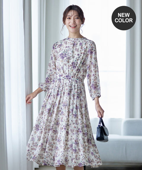 【新色追加】花柄フリルドレープワンピース