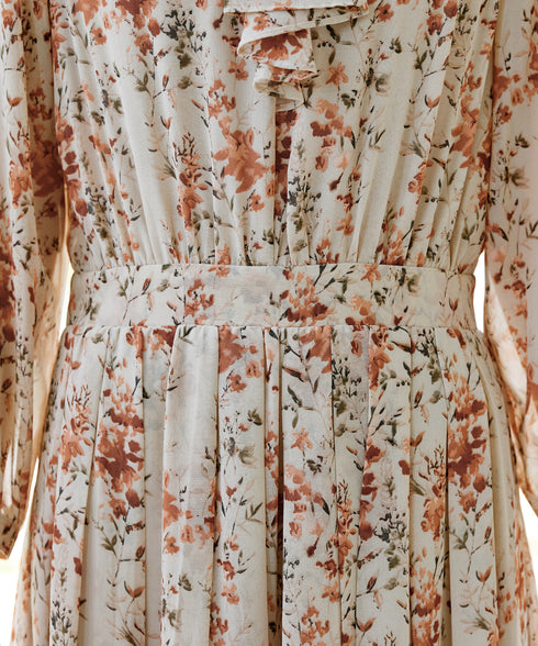 【新色追加】花柄フリルドレープワンピース