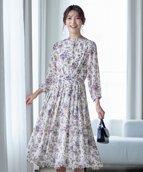 【新色追加】花柄フリルドレープワンピース