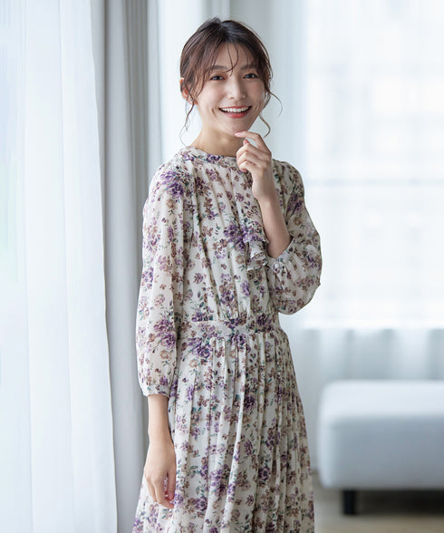 【新色追加】花柄フリルドレープワンピース