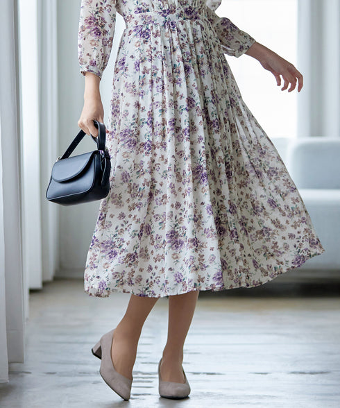 【新色追加】花柄フリルドレープワンピース