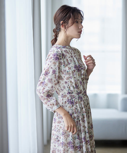 【新色追加】花柄フリルドレープワンピース