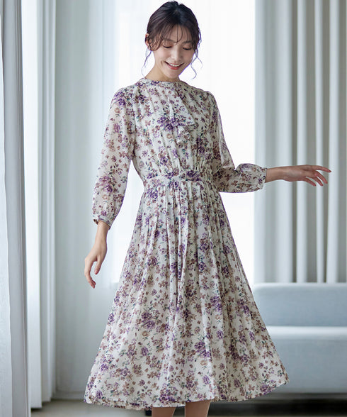 【新色追加】花柄フリルドレープワンピース