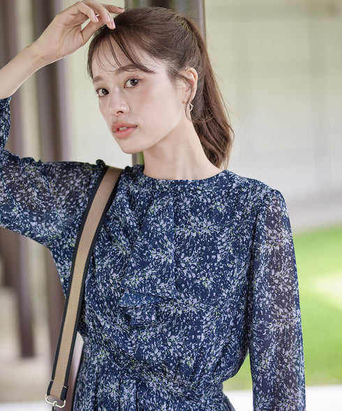 【新色追加】花柄フリルドレープワンピース