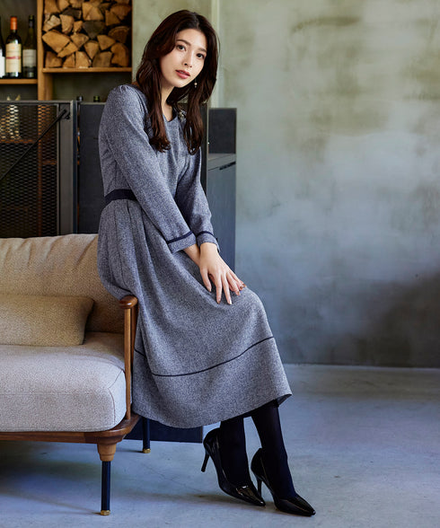 配色パイピングフレアワンピース