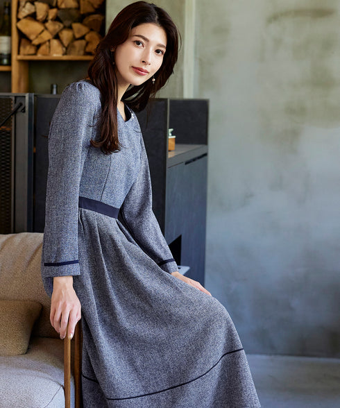 配色パイピングフレアワンピース